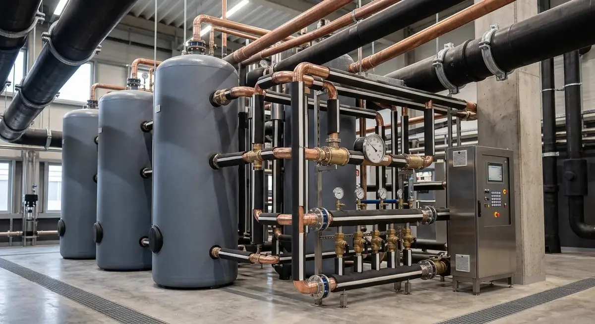 Tuberías de agua helada en cuarto de máquinas