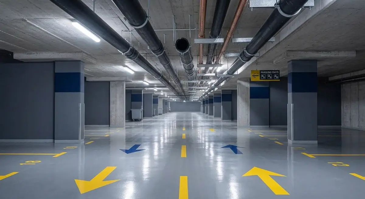 Piso epóxico con señalización en bodega – Pisos y Pintura Epóxica Industrial en Panamá